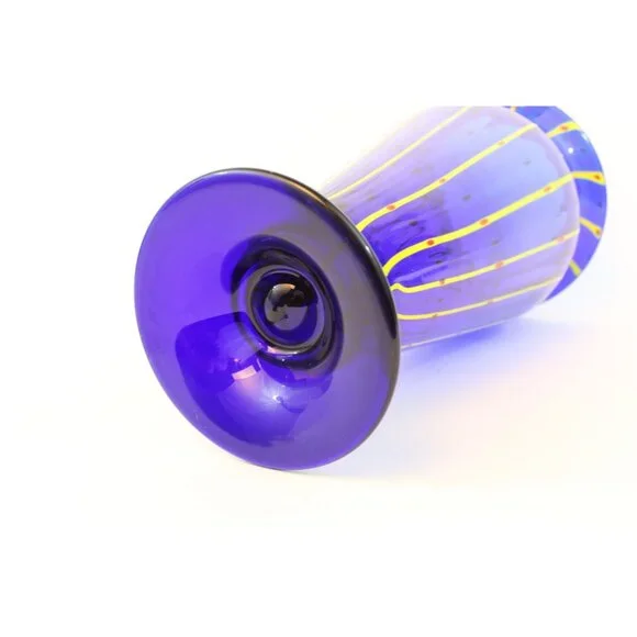Hand Blown Cobalt Blue Art Glass Vase 12” Pulled Line Design Pedestal Foot Mexic